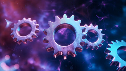 Light purple colored gears are hovering on a digital background wallpaper banner. 