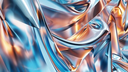 Abstract background with blue and copper metallic shapes on white, 3D rendering in the style of abstract futuristic background with sharp edges in metallic colors, shiny metal surface.