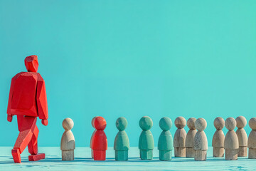 Big red Man leading a group of tiny wooden figures on a blue background, standing against the crowd. 

