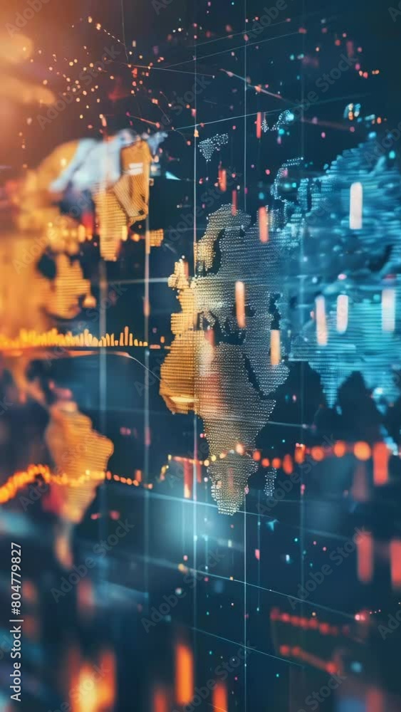 Poster a colorful map of the world with a lot of lines and dots. the map is showing the stock market and th