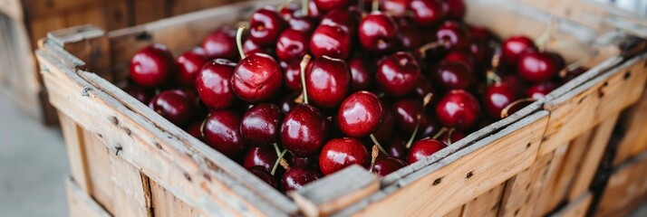 Ripe red cherries displayed in a classic wooden basket, fresh fruit market showcase