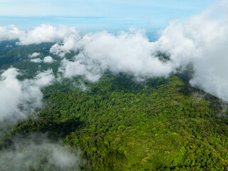 Aerial view flowing fog waves on mountains tropical rainforest,Bird eye view image over the clouds, Amazing nature background with clouds and mountains peaks in Thailand