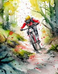A cyclist powers through a vibrant forest, colors blur in motion, capturing the essence of speed and agility