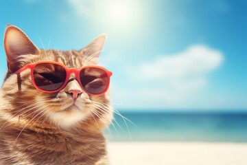 Ginger cat in red sunglasses, happy to be on tropical vacation, ocean beach background