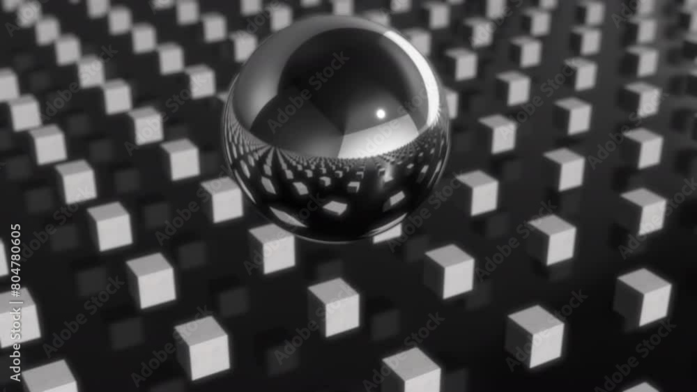 Poster seamless looping 3d animation of grey metallic cubes reflecting in a chrome sphere