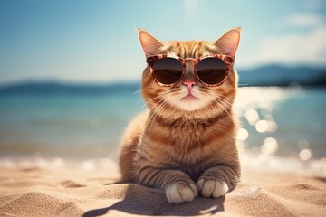 Cat in sunglasses on ocean beach, summer background