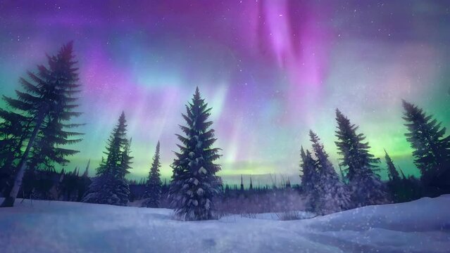 Beautiful arctic aurora in the night sky. Bright aurora borealis. Winter landscape in the northern regions. Snowy valley. Spruce trees in snowdrifts.