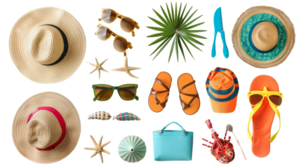 Set of beach accessories isolated on white background png transparent