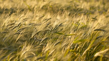 Fototapeta premium Barley field waves in breeze, close up, late afternoon light, golden hues, focus on texture 