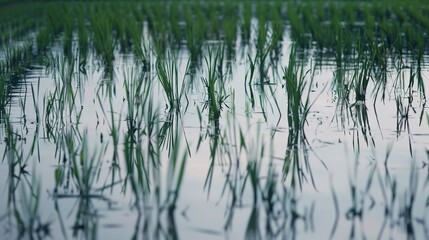 Rice paddy field close up, calm morning, green stalks reflecting in water, serene atmosphere