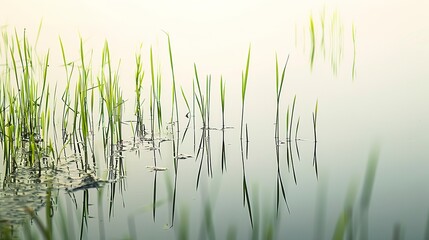 Obraz premium Rice paddy field close up, calm morning, green stalks reflecting in water, serene atmosphere 