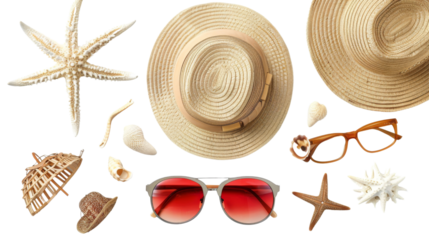 Set of beach accessories isolated on white background png transparent