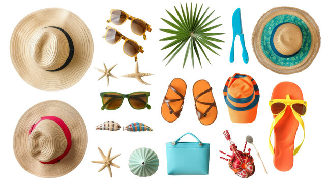 Set of beach accessories isolated on white background png transparent