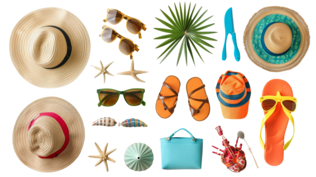 Set of beach accessories isolated on white background png transparent