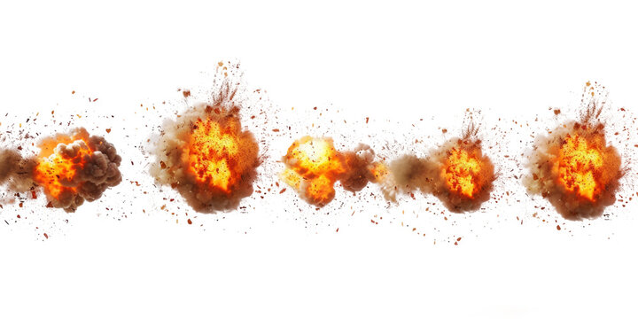 Carpet bombing explosions isolated on transparent background.