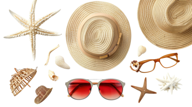 Set of beach accessories isolated on white background png transparent
