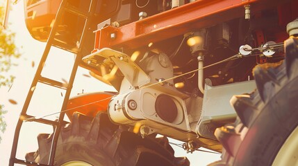 Seeder attachment on tractor, close up, midday sun, detailed view of mechanical parts and seeds 