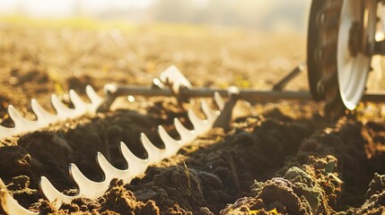 Disc harrow in field, close up, morning light, focus on soil and steel discs, agricultural scene 