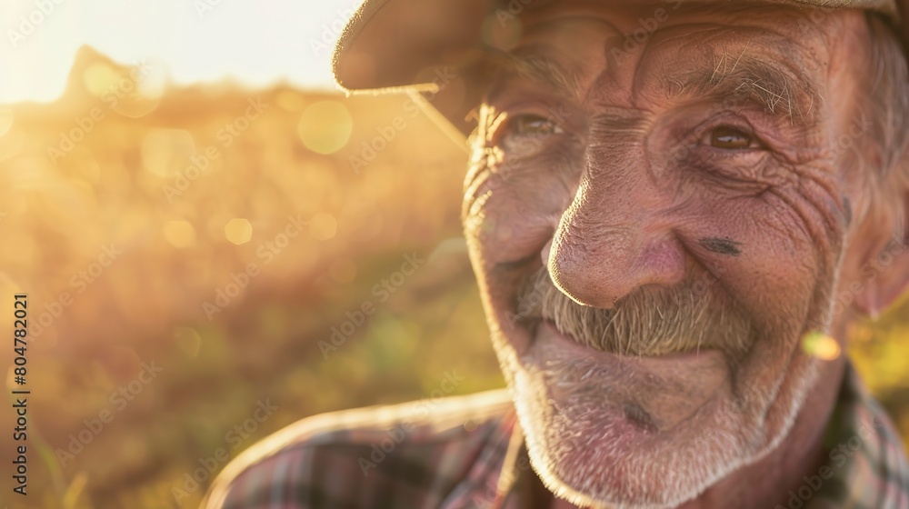 Wall mural Farmer's face, close up, weathered and smiling, soft focus, golden hour lighting 