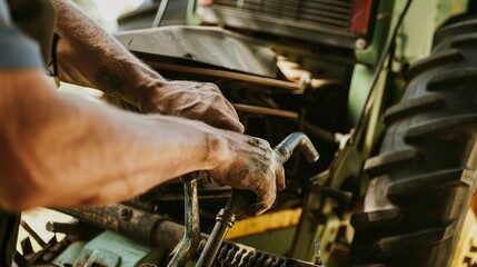 Man repairing tractor, close up on hands and tools, focused, clear daylight 