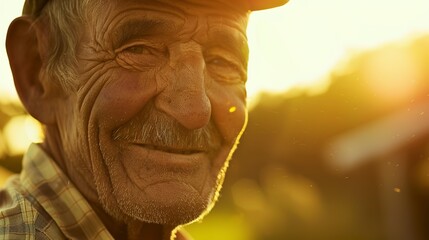 Farmer's face, close up, weathered and smiling, soft focus, golden hour lighting 