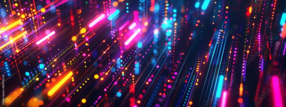 Poster abstract background with colorful light lines and digital technology elements, data flow concept, gl
