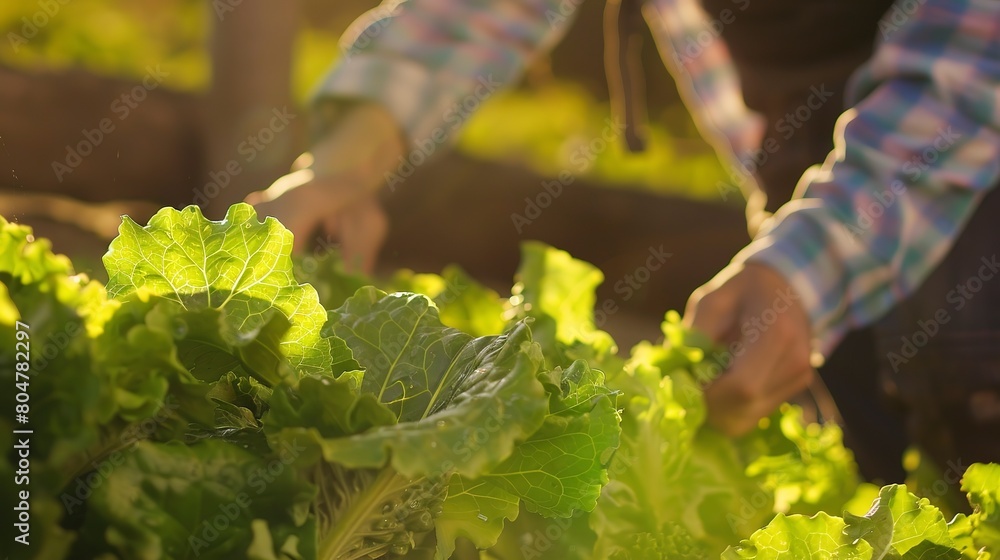 Wall mural Farmer inspecting lettuce, close up, green crisp leaves, focused, early evening light 