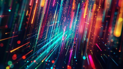 Obraz premium Abstract background with colorful light lines and digital technology elements, data flow concept, glowing neon vertical bars in dark space, speed motion blur effect. Abstract futuristic design element