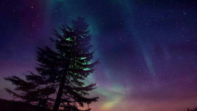 Beautiful arctic aurora in the night sky. Bright aurora borealis. Winter landscape in the northern regions. Snowy valley. Spruce trees in snowdrifts.