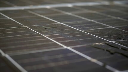 Close up of solar panels on farm, focus on cells, clean energy in agriculture, sunny day 