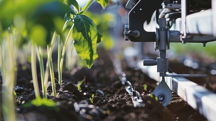Automated seed planter at work, close up, focus on seeds being planted, high-tech farming - - Powered by Adobe