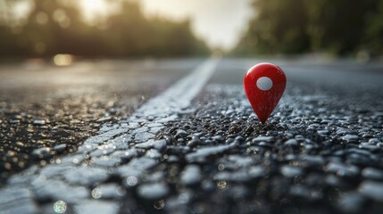 Red GPS pin on asphalt highway background