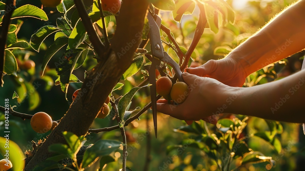 Poster Summer pruning of fruit trees, close up on hands and shears, focused action, warm light 