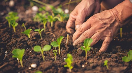 Close up of planting spring seedlings, hands in soil, vibrant green against dark earth, clear day 