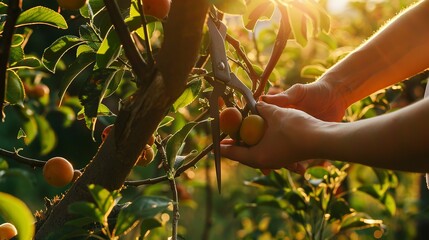 Summer pruning of fruit trees, close up on hands and shears, focused action, warm light 