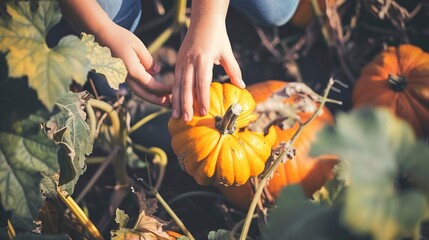 Harvesting autumn pumpkins, close up on hands lifting orange gourd, crisp fall air  - Powered by Adobe