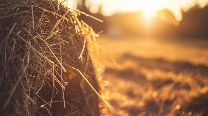 Baling hay in late summer, close up, focus on twine and golden hay, sunset backlight 
