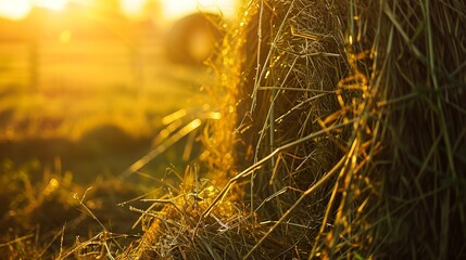 Baling hay in late summer, close up, focus on twine and golden hay, sunset backlight