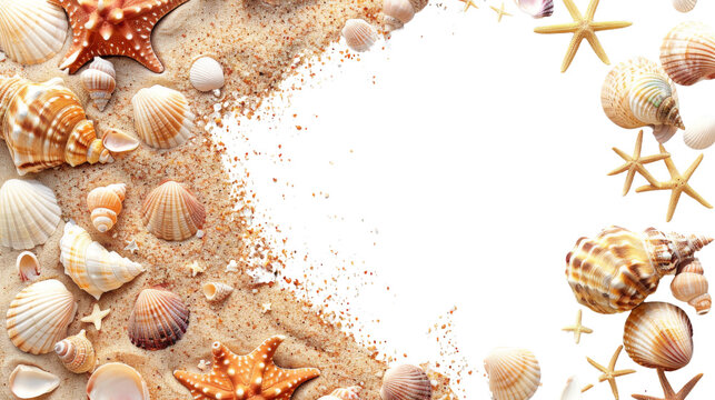 Sand and sea shells beach theme background isolated on white png image , transparent