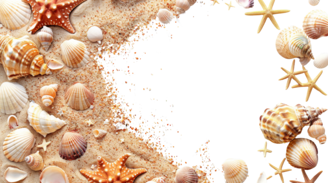 Sand and sea shells beach theme background isolated on white png image , transparent