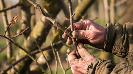 Farmer grafting branches in orchard, close up, focus on technique and hands, spring day - obrazy, fototapety, plakaty