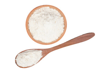 Corn flour in both a wooden bowl and a wooden spoon isolated transparent