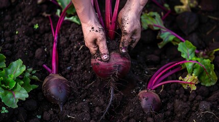 Beetroot in soil, close up, vibrant purple peeking through earth, hands dirty, overcast light 