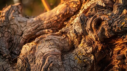 Old vine trunk, close up, rugged bark texture, sunset backlight, rich history of growth
