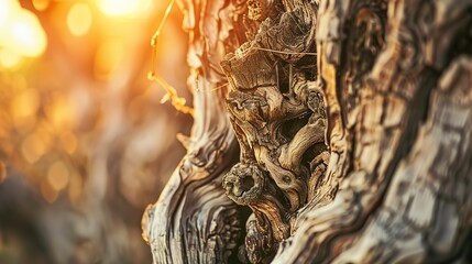 Old vine trunk, close up, rugged bark texture, sunset backlight, rich history of growth 