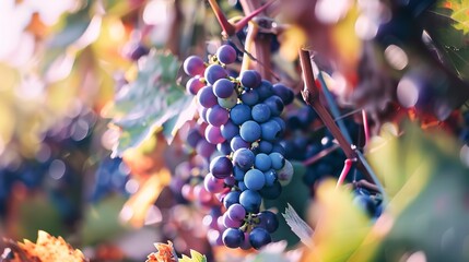 Harvesting cabernet sauvignon grapes, close up, vibrant purple against green leaves, crisp autumn  - obrazy, fototapety, plakaty