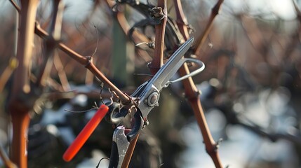 Pruning grapevines in winter, close up, sharp shears cutting old branches, cloudy day