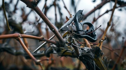 Pruning grapevines in winter, close up, sharp shears cutting old branches, cloudy day 