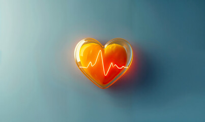 orange heart shaped icon showing an electrocardiograph on a blue background. 