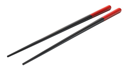 Two black chopsticks with red tips, isolated on a white background